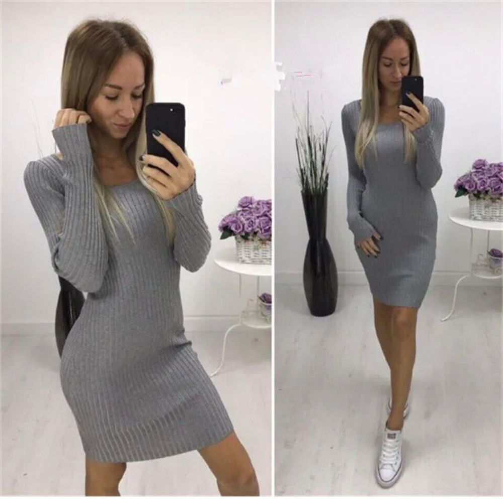 Women Sexy Bodycon Knit Sweater Dress Casual Slim Long Sleeve Mini Jumper Party